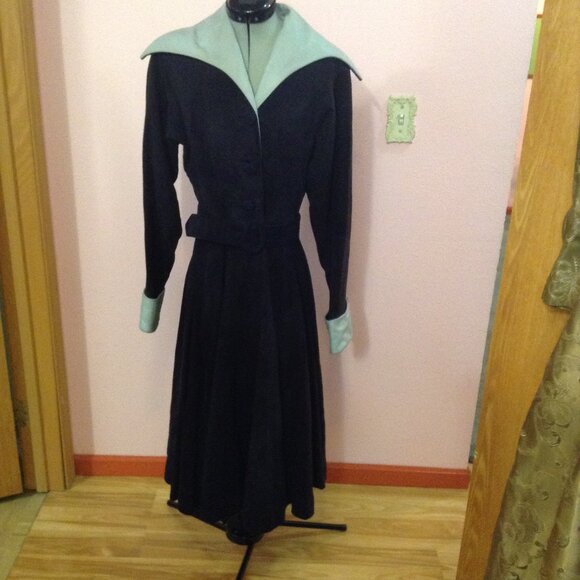 Vintage Jackets & Blazers - Vintage 1940s or 1950s Suede Princess Coat with Leather Collar and Cuffs
